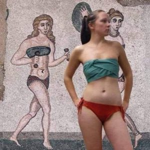 Reconstruction of an ancient Roman bikini using mosaics from Villa Romana del Casal in Sicily.